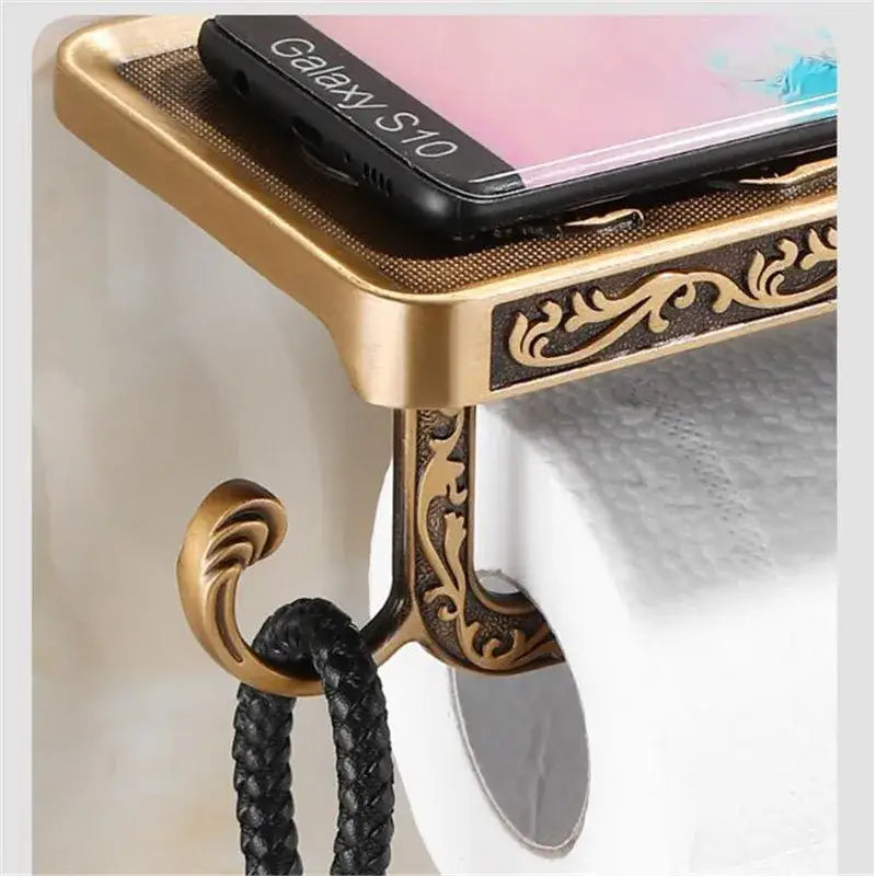 DecorBites™ Antique Black Toilet Paper Holder with Phone Shelf