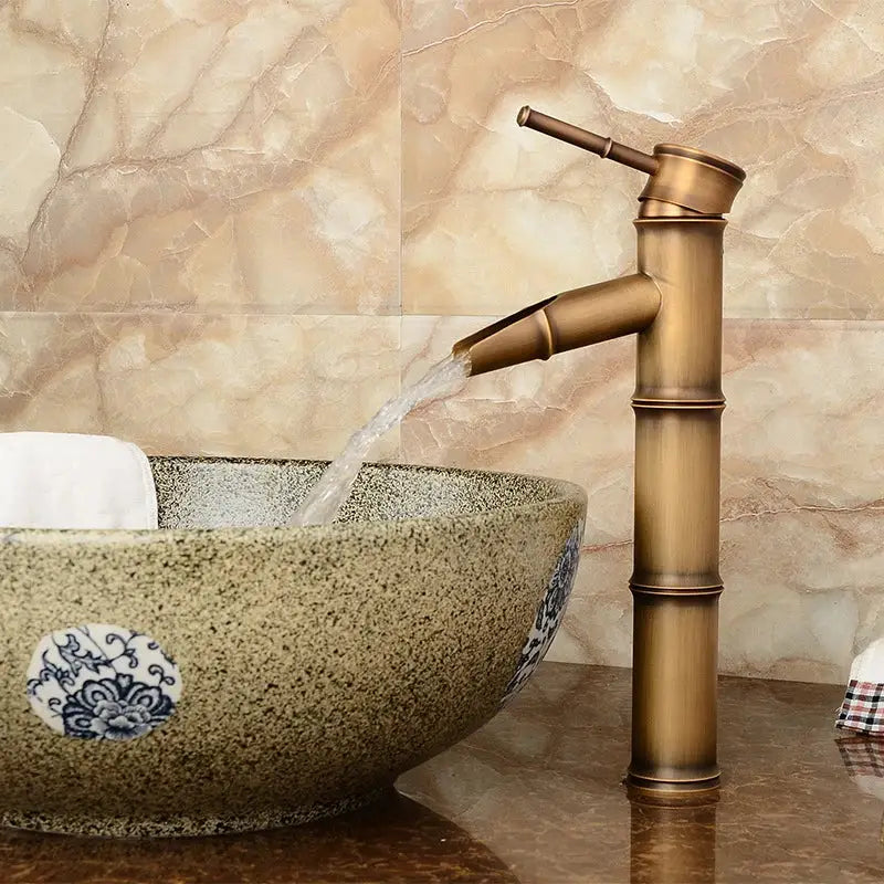 DecorBites™ Antique Brass Bamboo Basin Faucet Single Handle Hot Cold Water Tap