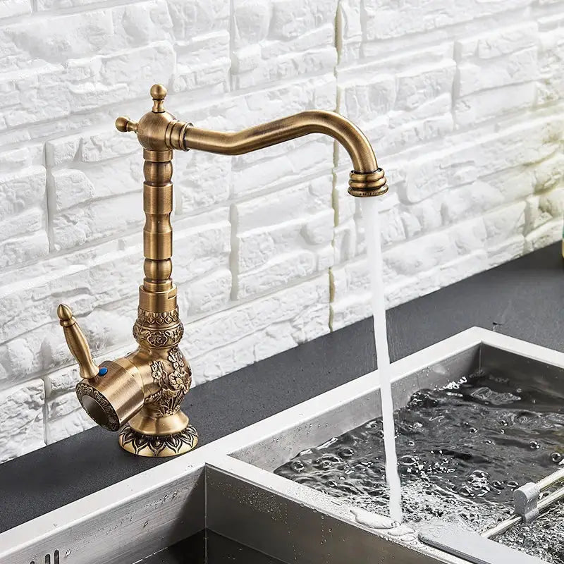 DecorBites™ Antique Brass Basin Faucet Long Spout Flower Carved Sink Tap 360 Rotation