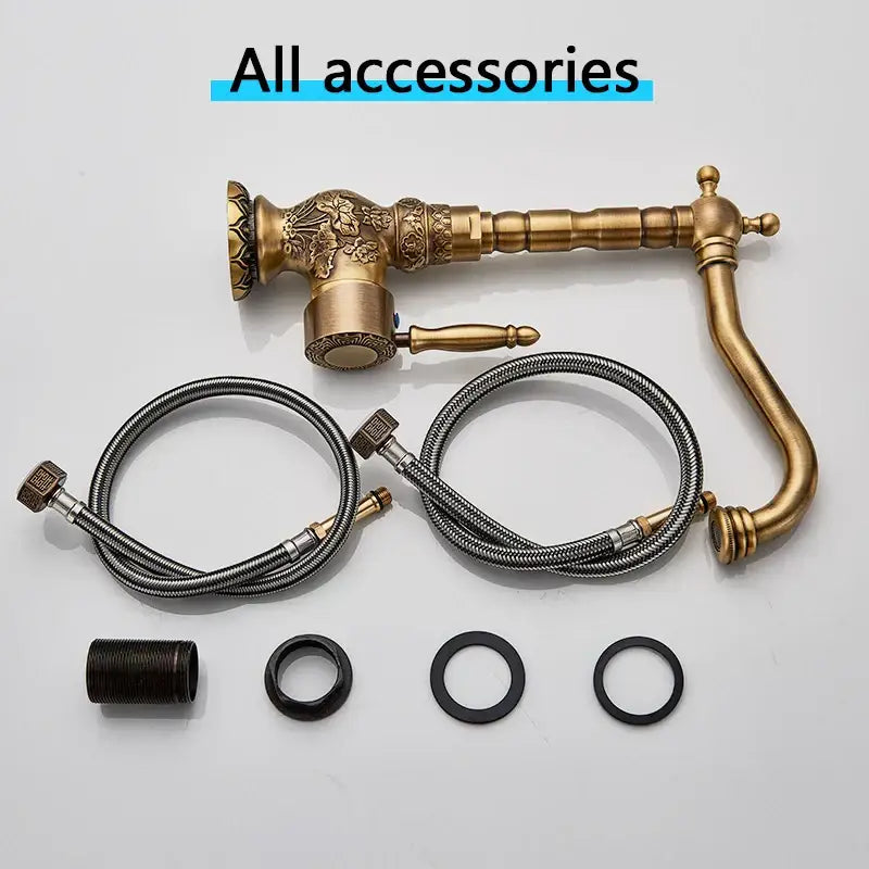 DecorBites™ Antique Brass Basin Faucet Long Spout Flower Carved Sink Tap 360 Rotation
