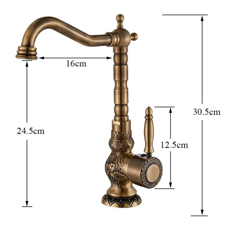DecorBites™ Antique Brass Basin Faucet Long Spout Flower Carved Sink Tap 360 Rotation