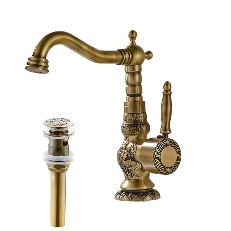 DecorBites™ Antique Brass Basin Faucet Long Spout Flower Carved Sink Tap 360 Rotation