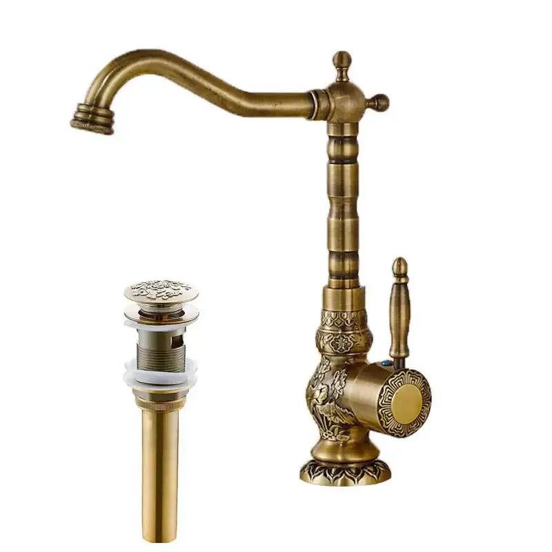DecorBites™ Antique Brass Basin Faucet Long Spout Flower Carved Sink Tap 360 Rotation