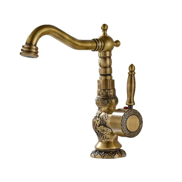 DecorBites™ Antique Brass Basin Faucet Long Spout Flower Carved Sink Tap 360 Rotation