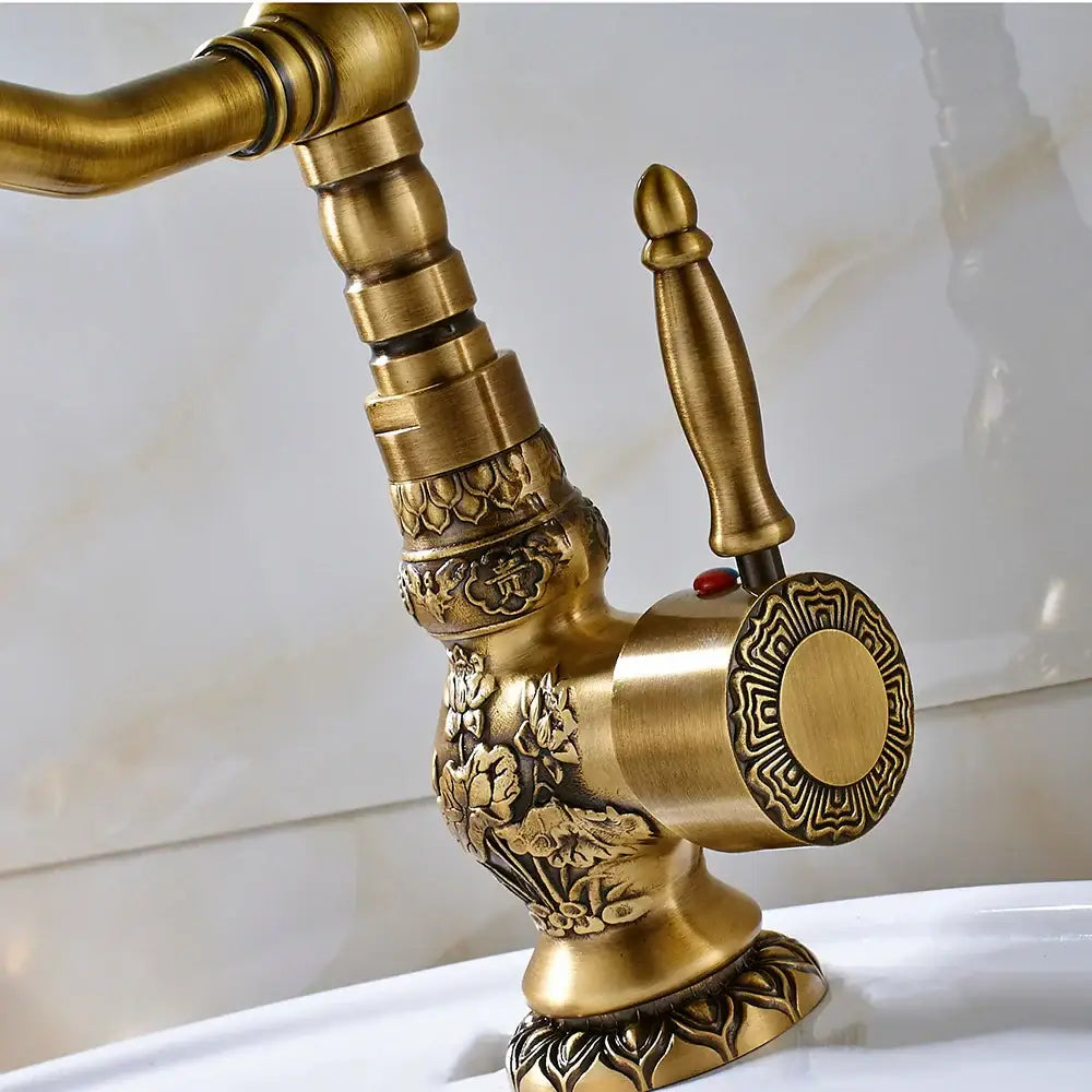DecorBites™ Antique Brass Basin Faucet Long Spout Flower Carved Sink Tap 360 Rotation