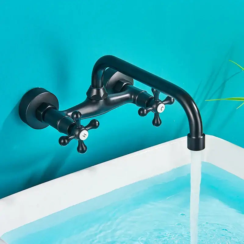 DecorBites™ Antique Brass Basin Faucet Wall Mounted Dual Handles Swivel Spout Mixer Tap