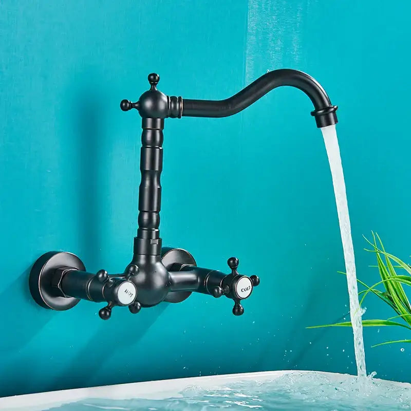 DecorBites™ Antique Brass Basin Faucet Wall Mounted Dual Handles Swivel Spout Mixer Tap