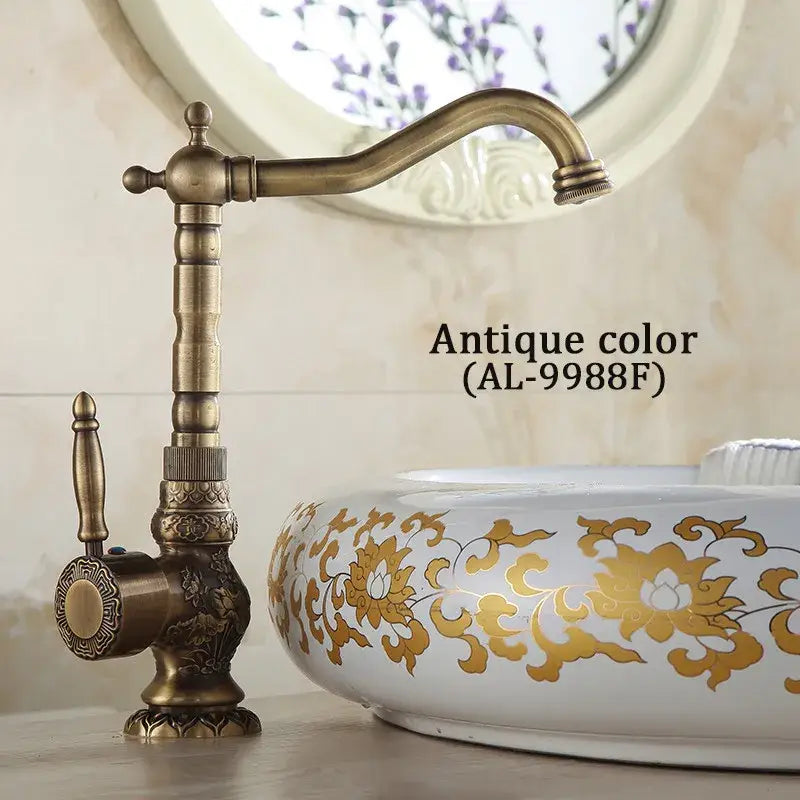 DecorBites™ Antique Brass Basin Faucet with Single Handle Hot/Cold Mixer Taps Rotation AL-9966F