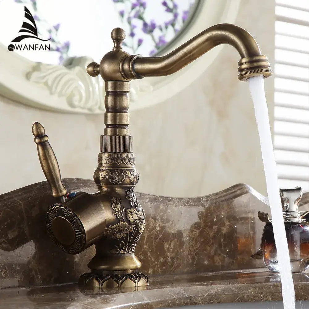DecorBites™ Antique Brass Basin Faucet with Single Handle Hot/Cold Mixer Taps Rotation AL-9966F