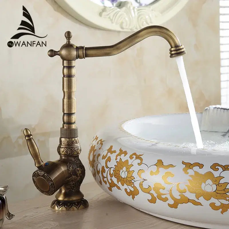 DecorBites™ Antique Brass Basin Faucet with Single Handle Hot/Cold Mixer Taps Rotation AL-9966F