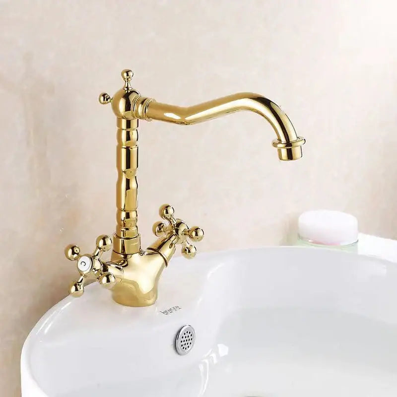 DecorBites™ Antique Brass Basin Faucet with Swivel Spout and Cross Handles