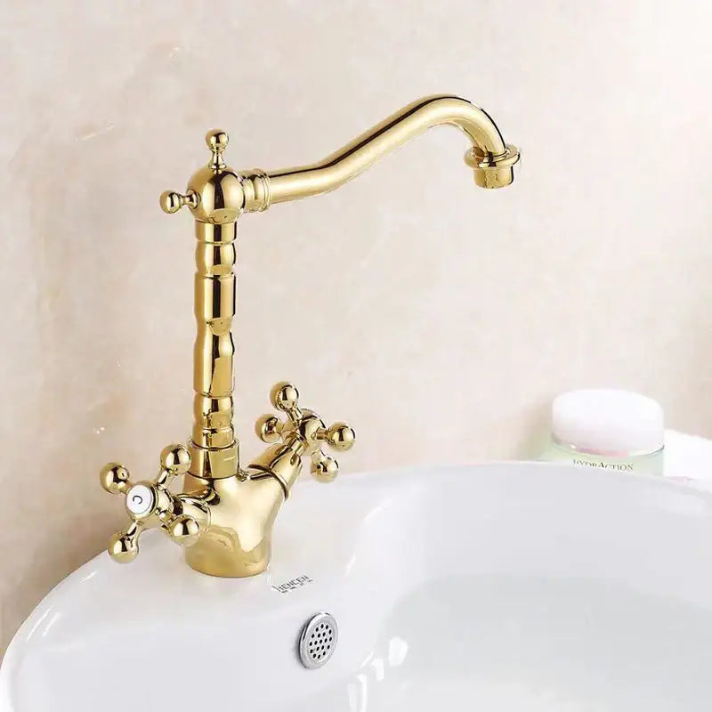 DecorBites™ Antique Brass Basin Faucet with Swivel Spout and Cross Handles