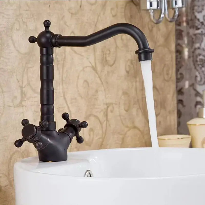 DecorBites™ Antique Brass Basin Faucet with Swivel Spout and Cross Handles