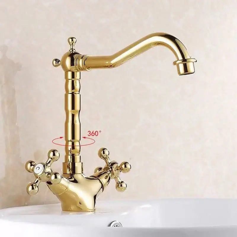 DecorBites™ Antique Brass Basin Faucet with Swivel Spout and Cross Handles