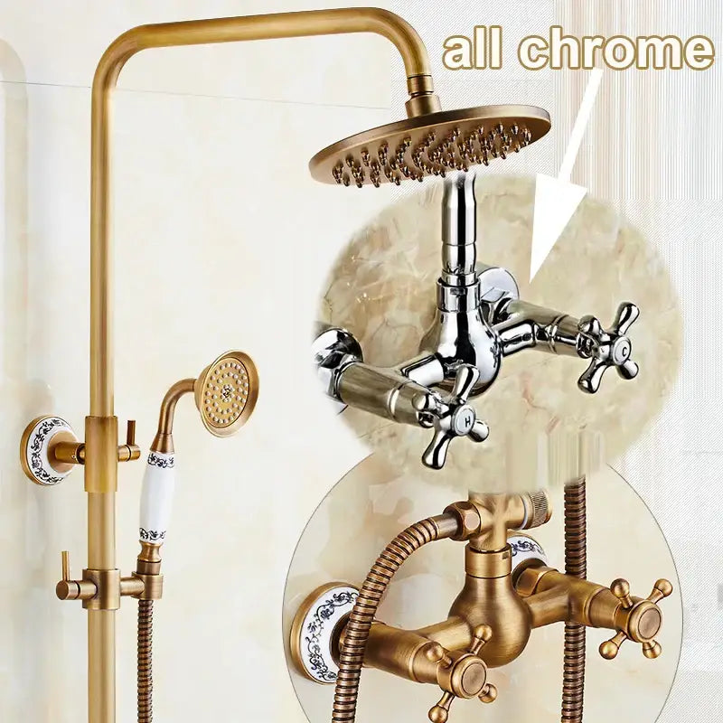 DecorBites™ Antique Brass Bathroom Shower Faucet Set with Handshower, Tub Spout, and 8" Rainfall Head
