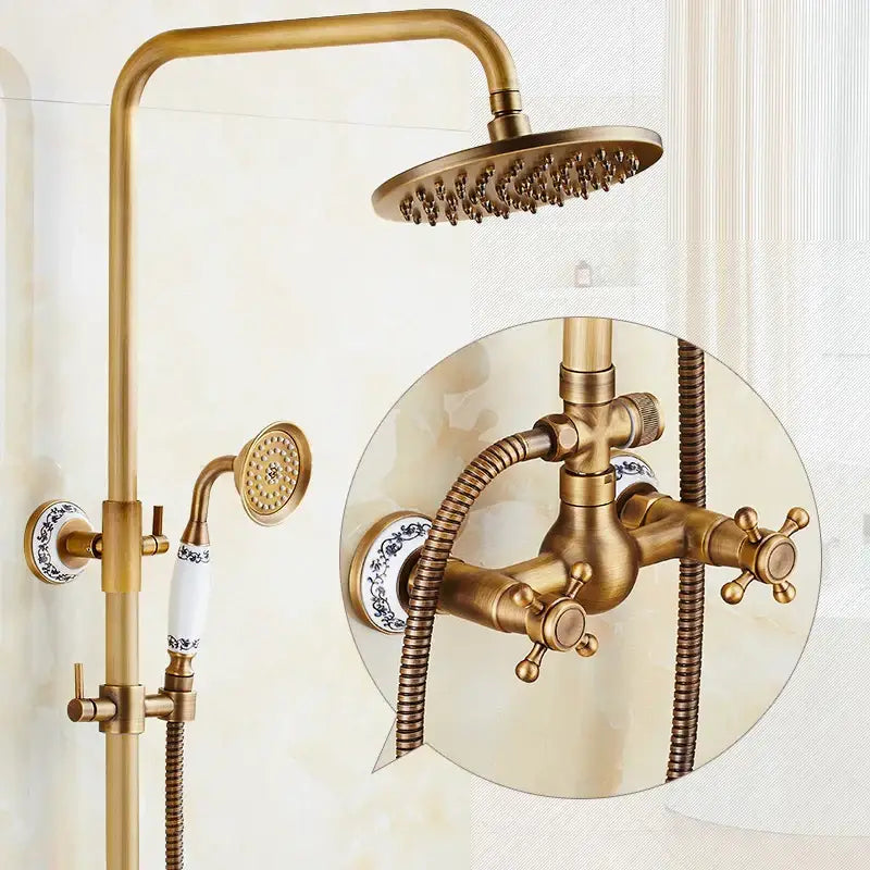 DecorBites™ Antique Brass Bathroom Shower Faucet Set with Handshower, Tub Spout, and 8" Rainfall Head