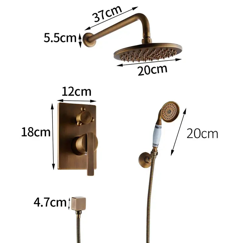 DecorBites™ Antique Brass Bathroom Shower Mixer Set with 8" Rainfall and Handshower