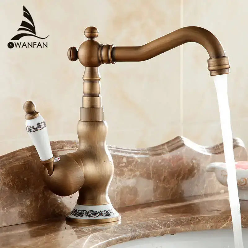 DecorBites™ Antique Brass Bathroom Sink Faucet Single Handle Swivel Spout Hot Cold Mixer