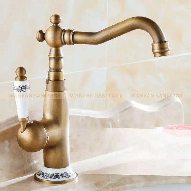 DecorBites™ Antique Brass Bathroom Sink Faucet Single Handle Swivel Spout Hot Cold Mixer