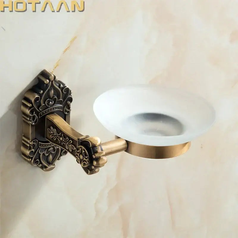 DecorBites™ طبق صابون حمام من النحاس العتيق مع حامل زجاجي - إكسسوار حمام يثبت على الحائط من الألومنيوم