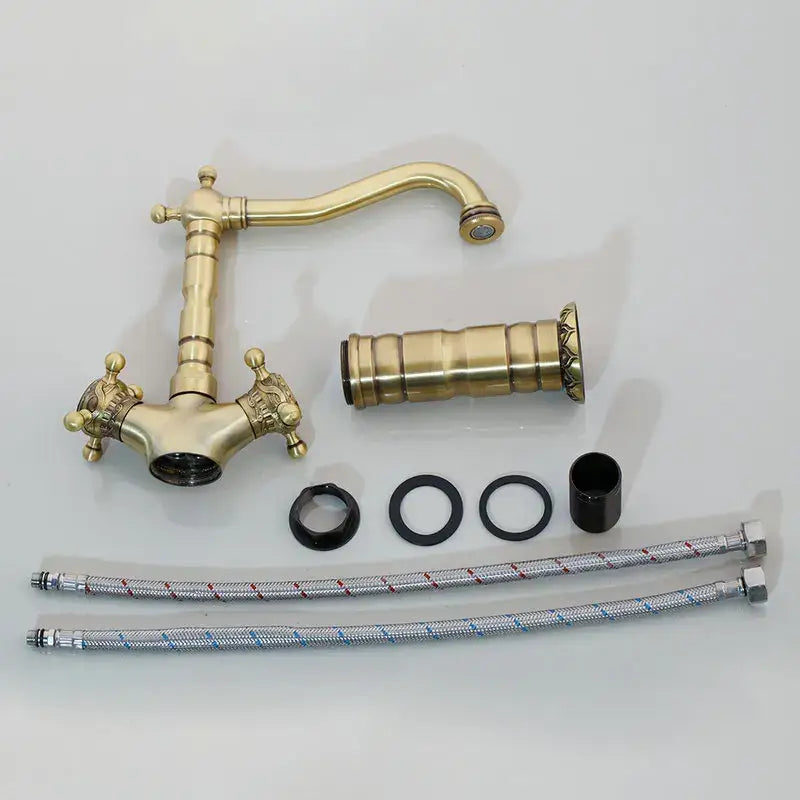 DecorBites™ Antique Brass Carved Waterfall Bathroom Faucet Set Mixer Tap