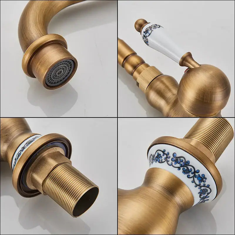 DecorBites™ Antique Brass Ceramic Handle Basin Faucet, Deck Mounted Kitchen Sink Mixer Tap