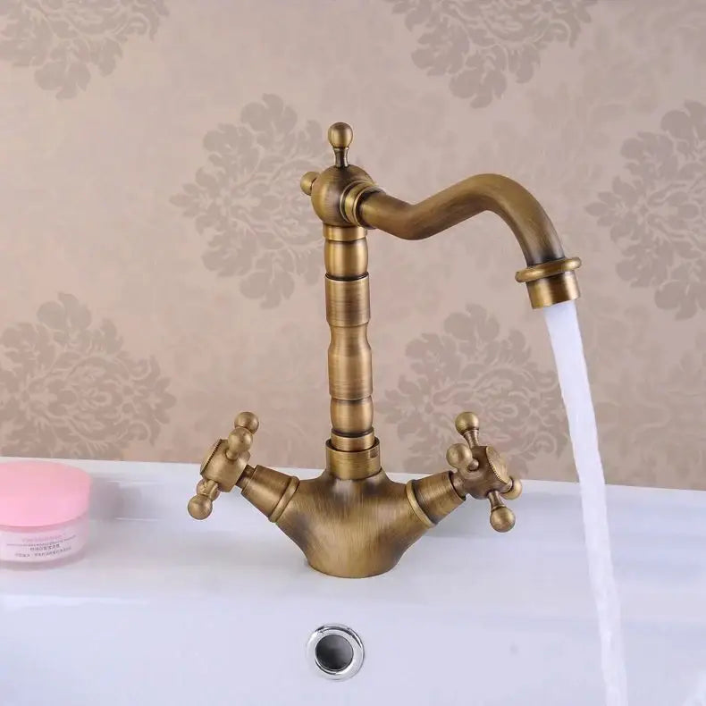 DecorBites™ Antique Brass Double Cross Handle Basin Faucet - 360 Degree Swivel Spout