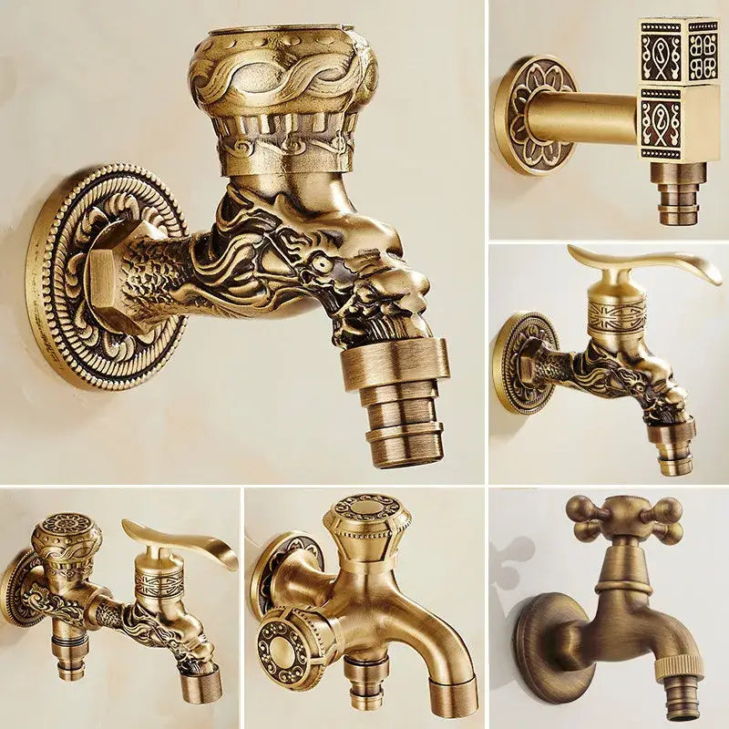 DecorBites™ Antique Brass Dragon Carved Outdoor Washing Machine Faucet Cold Tap