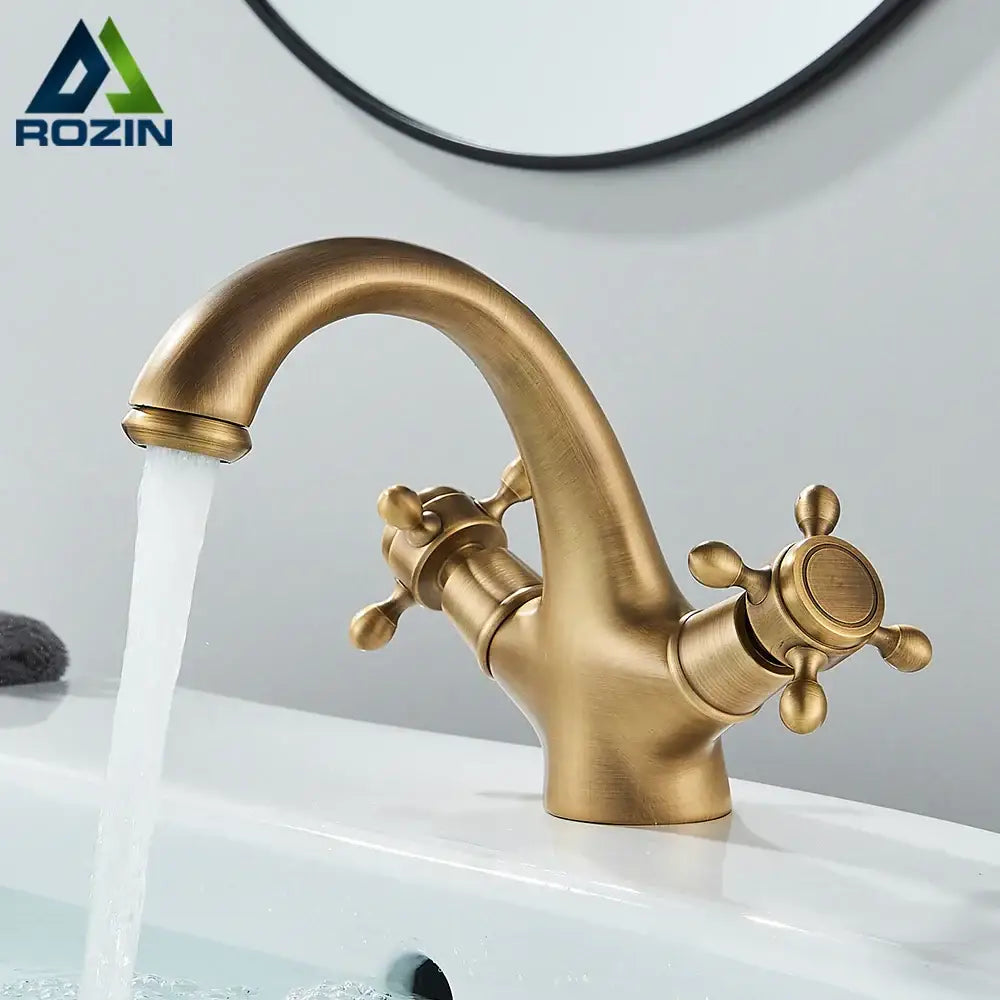 DecorBites™ Antique Brass Dual Handle Basin Faucet Deck Mounted Bathroom Mixer Tap