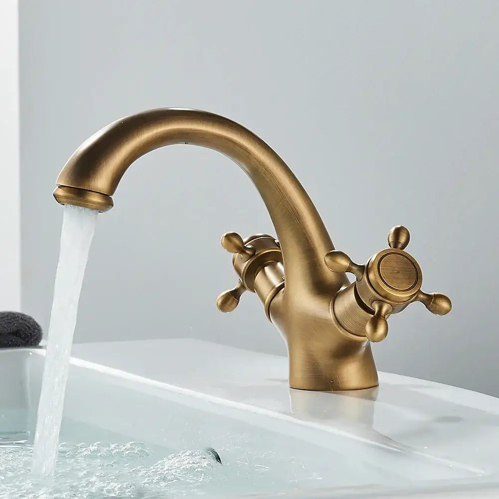 DecorBites™ Antique Brass Dual Handle Basin Faucet Deck Mounted Bathroom Mixer Tap