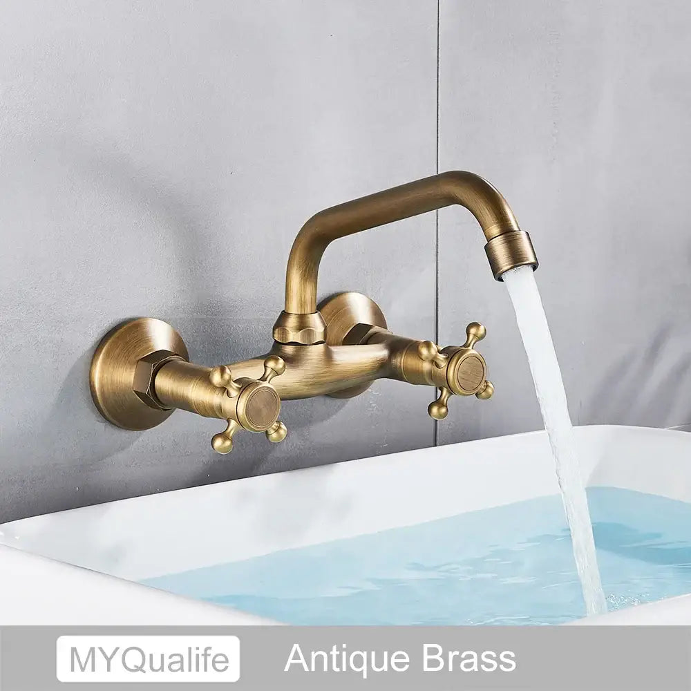 DecorBites™ Antique Brass Dual Handle Wall Mount Kitchen Faucet