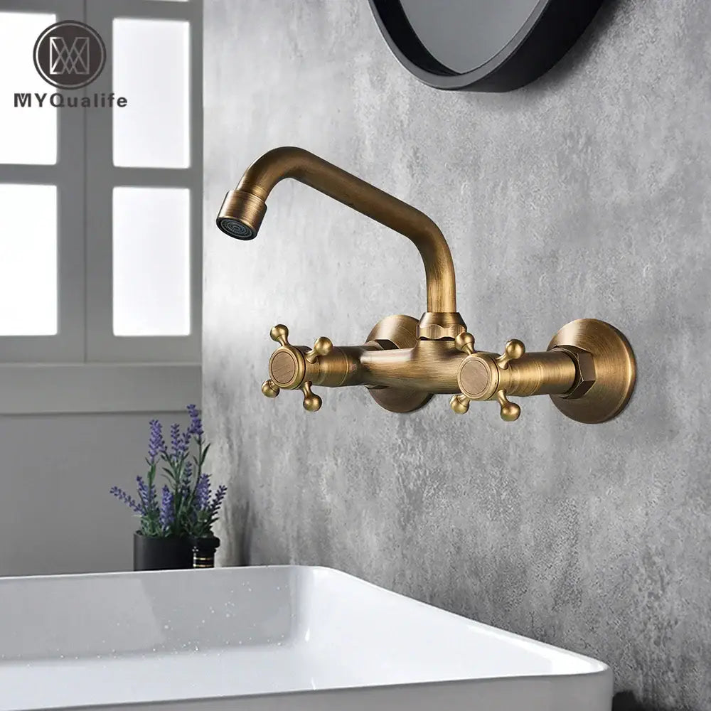 DecorBites™ Antique Brass Dual Handle Wall Mount Kitchen Faucet