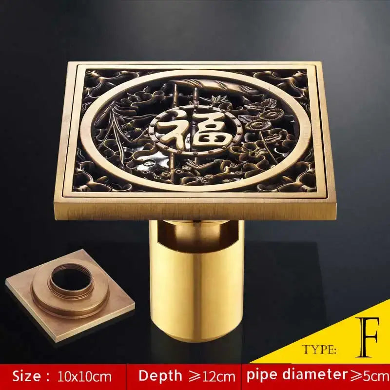 DecorBites™ Antique Brass Fish Style Shower Drain 10cm Square Floor Drainer