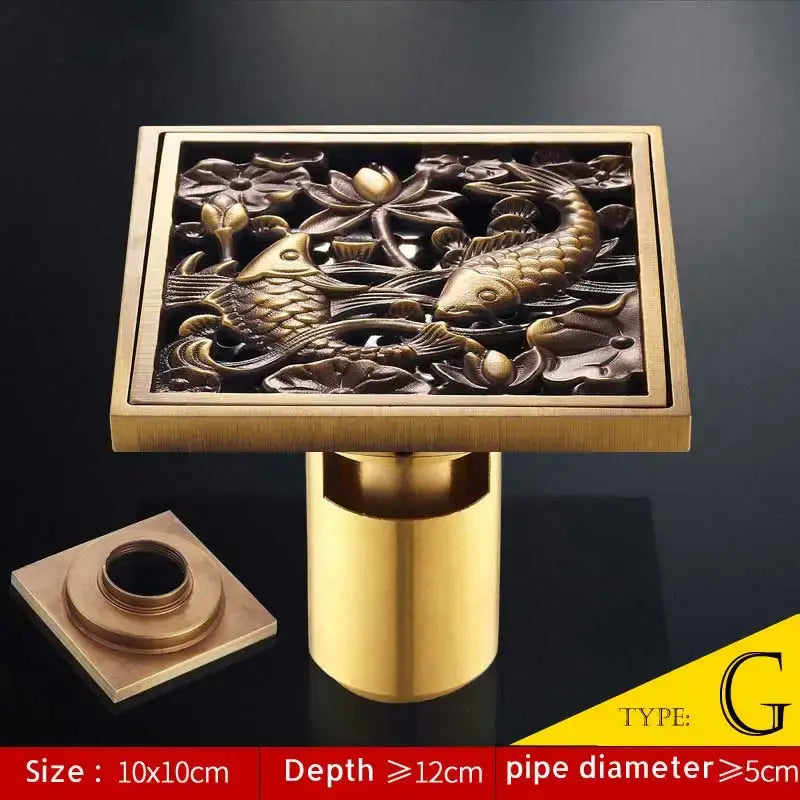 DecorBites™ Antique Brass Fish Style Shower Drain 10cm Square Floor Drainer