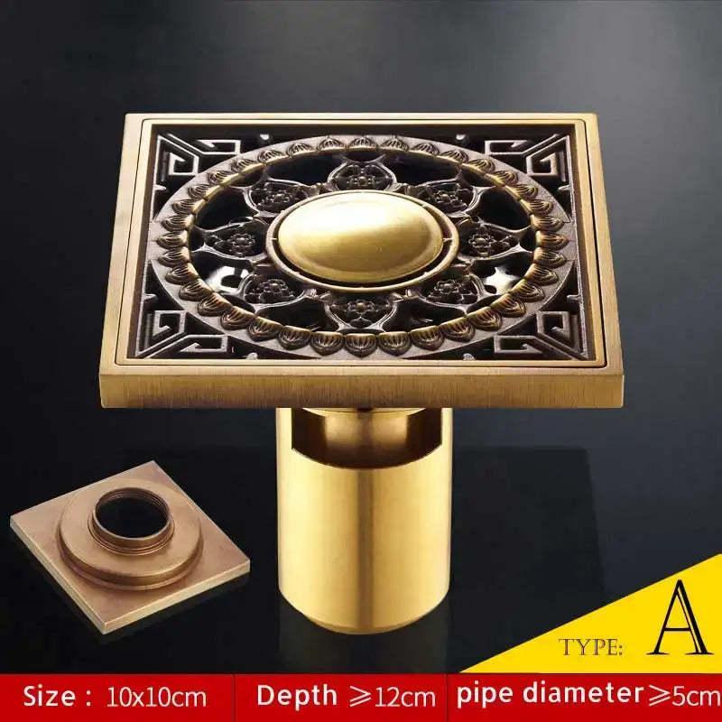 DecorBites™ Antique Brass Fish Style Shower Drain 10cm Square Floor Drainer