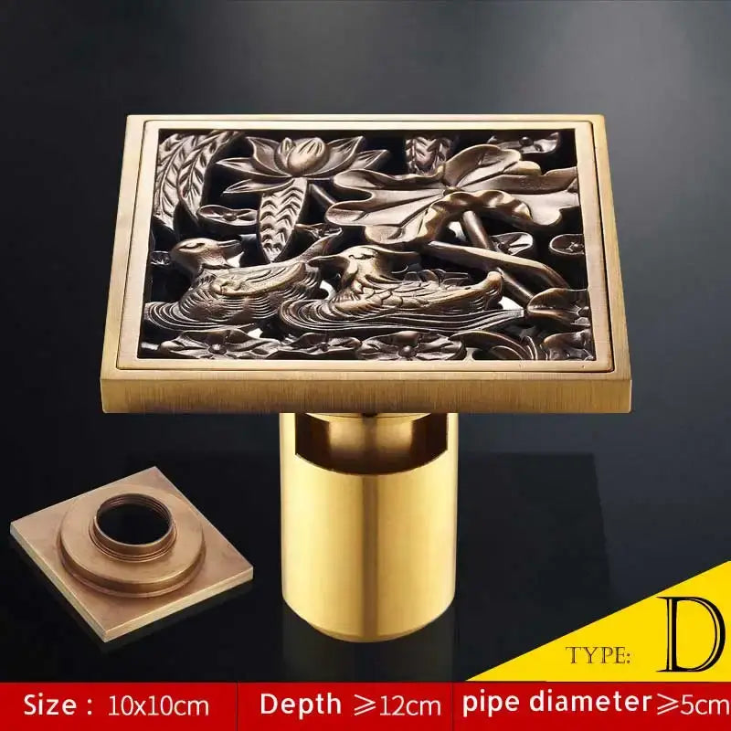 DecorBites™ Antique Brass Fish Style Shower Drain 10cm Square Floor Drainer