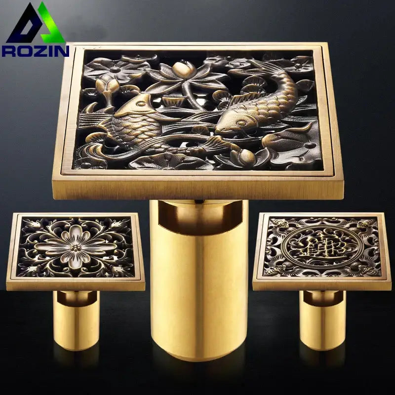 DecorBites™ Antique Brass Fish Style Shower Drain 10cm Square Floor Drainer