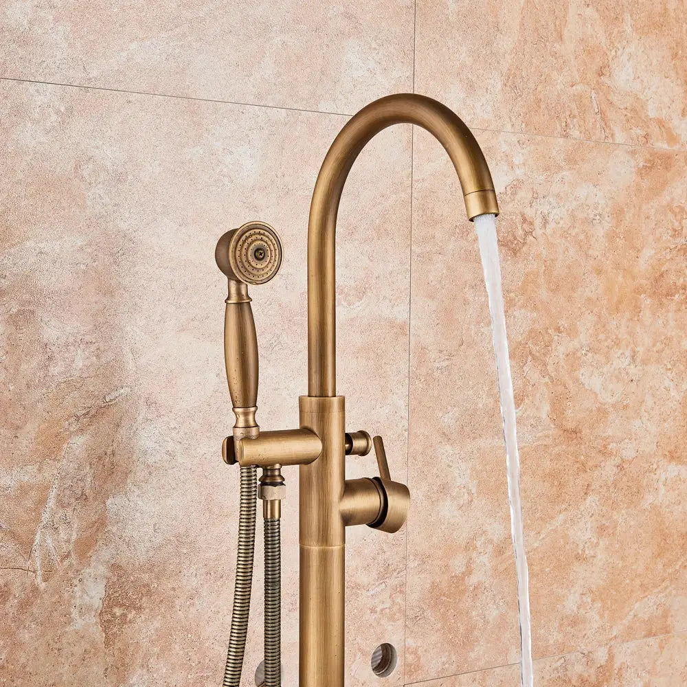 DecorBites™ Antique Brass Floor Mount Tub Faucet Swivel Spout Shower Mixer Tap