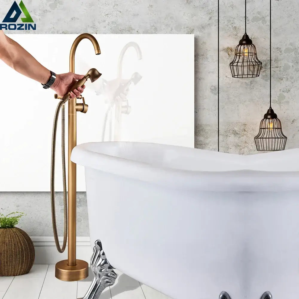 DecorBites™ Antique Brass Floor Mount Tub Faucet Swivel Spout Shower Mixer Tap