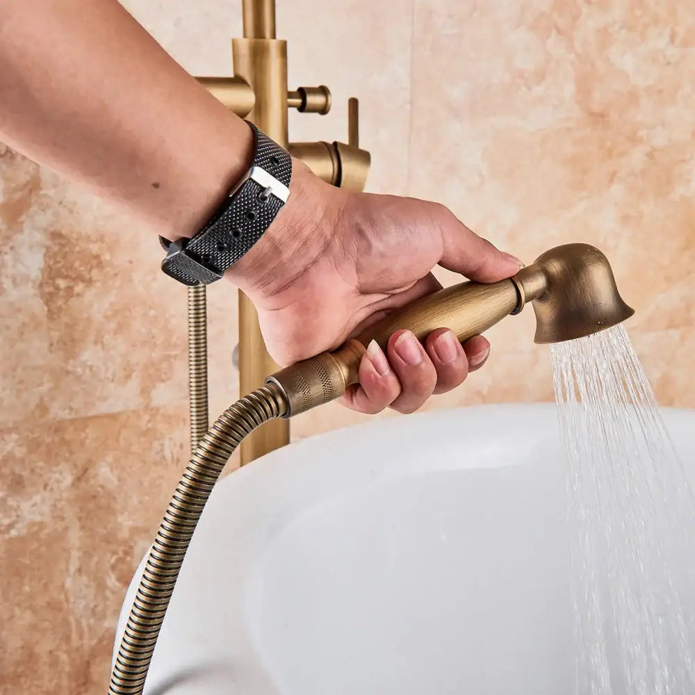 DecorBites™ Antique Brass Floor Mount Tub Faucet Swivel Spout Shower Mixer Tap
