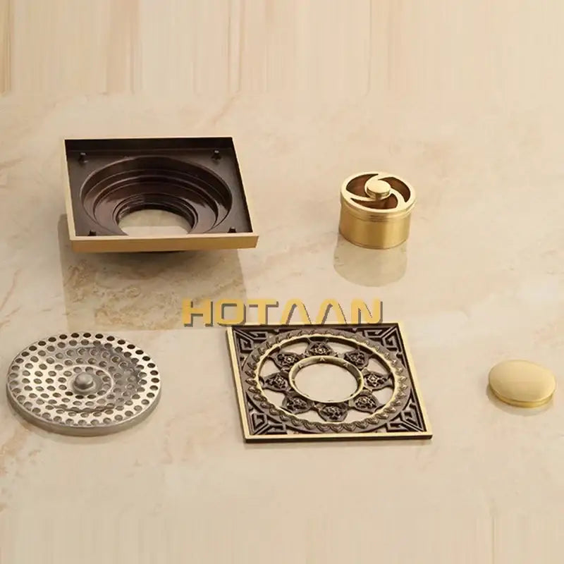 DecorBites™ Antique Brass Flower Art Bathroom Floor Drain Waste Grate