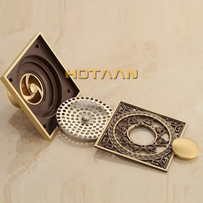 DecorBites™ Antique Brass Flower Art Bathroom Floor Drain Waste Grate
