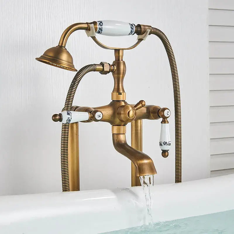 DecorBites™ Antique Brass Freestanding Bathtub Filler with Hand Shower