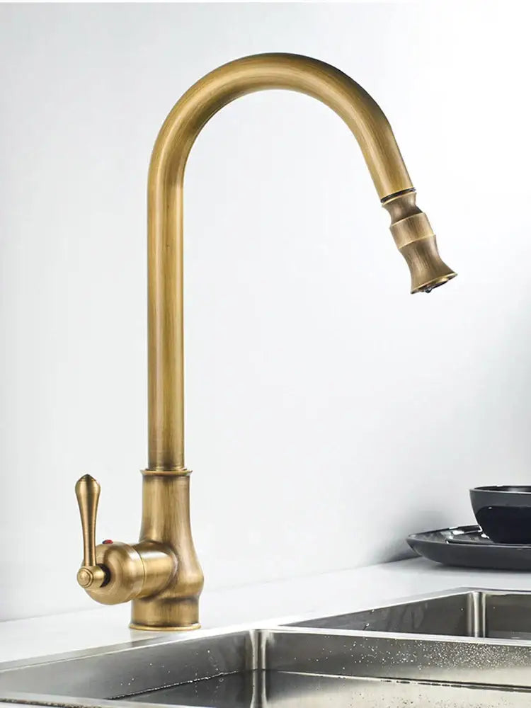 DecorBites™ Antique Brass Kitchen Faucet Swivel Spout Pull Down Hot Cold Mixer