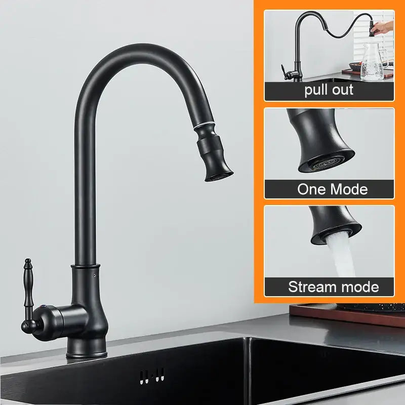 DecorBites™ Antique Brass Kitchen Faucet Swivel Spout Pull Down Hot Cold Mixer