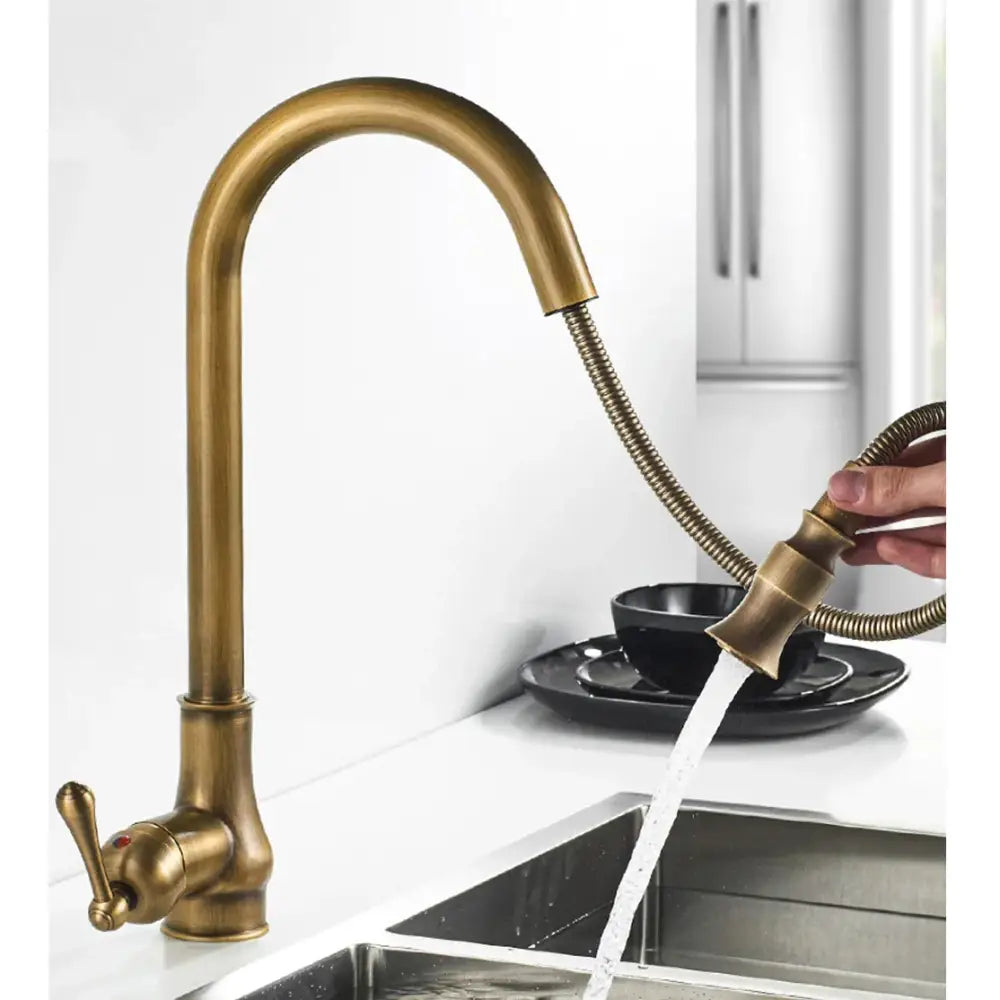 DecorBites™ Antique Brass Kitchen Faucet Swivel Spout Pull Down Hot Cold Mixer