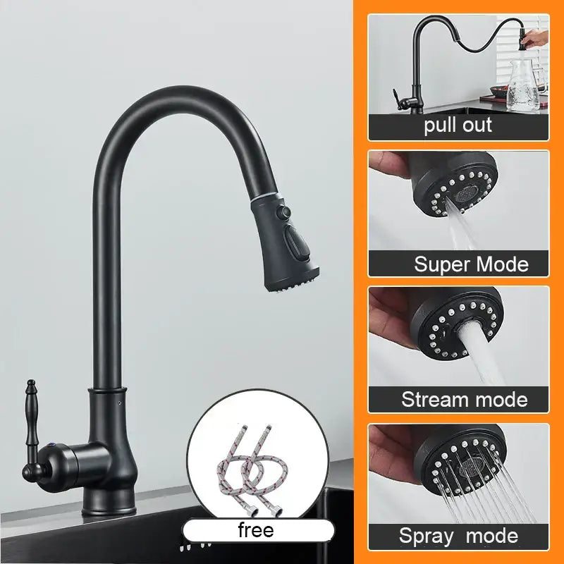 DecorBites™ Antique Brass Kitchen Faucet Swivel Spout Pull Down Hot Cold Mixer