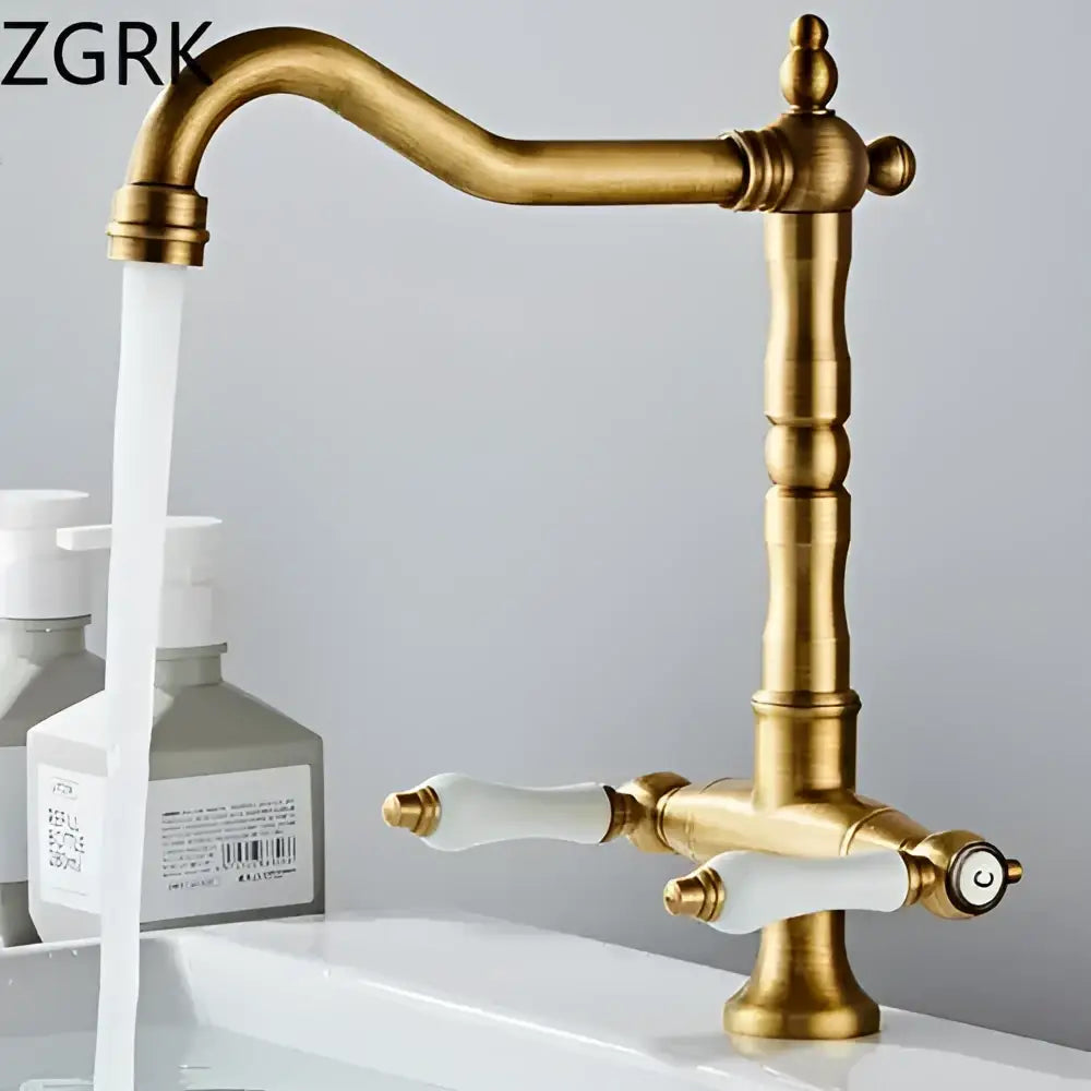 DecorBites™ Antique Brass Kitchen Faucet with Dual Handles and 360° Rotation
