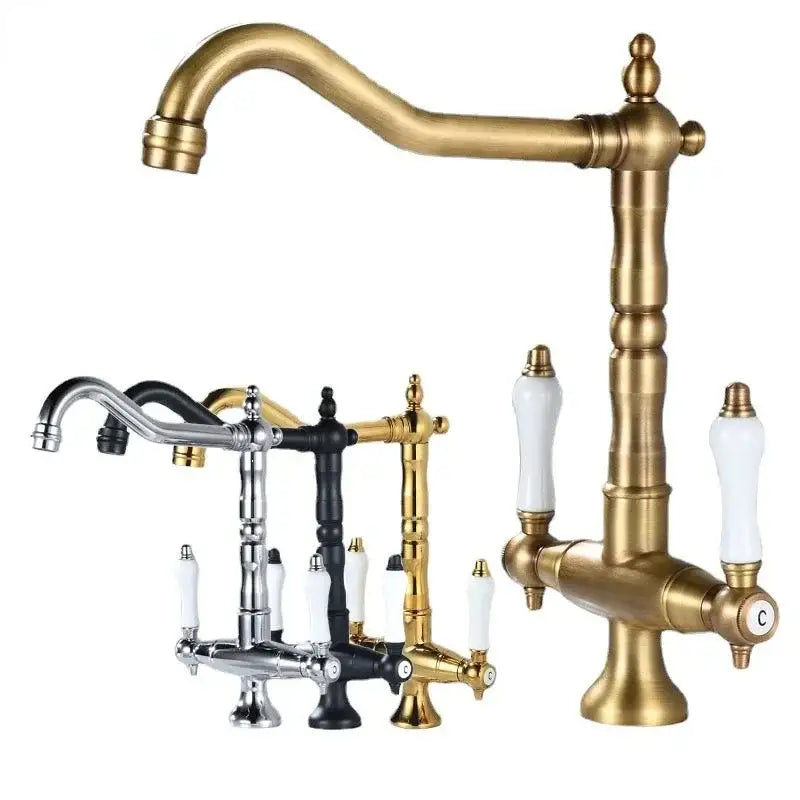 DecorBites™ Antique Brass Kitchen Faucet with Dual Handles and 360° Rotation