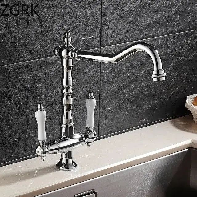 DecorBites™ Antique Brass Kitchen Faucet with Dual Handles and 360° Rotation
